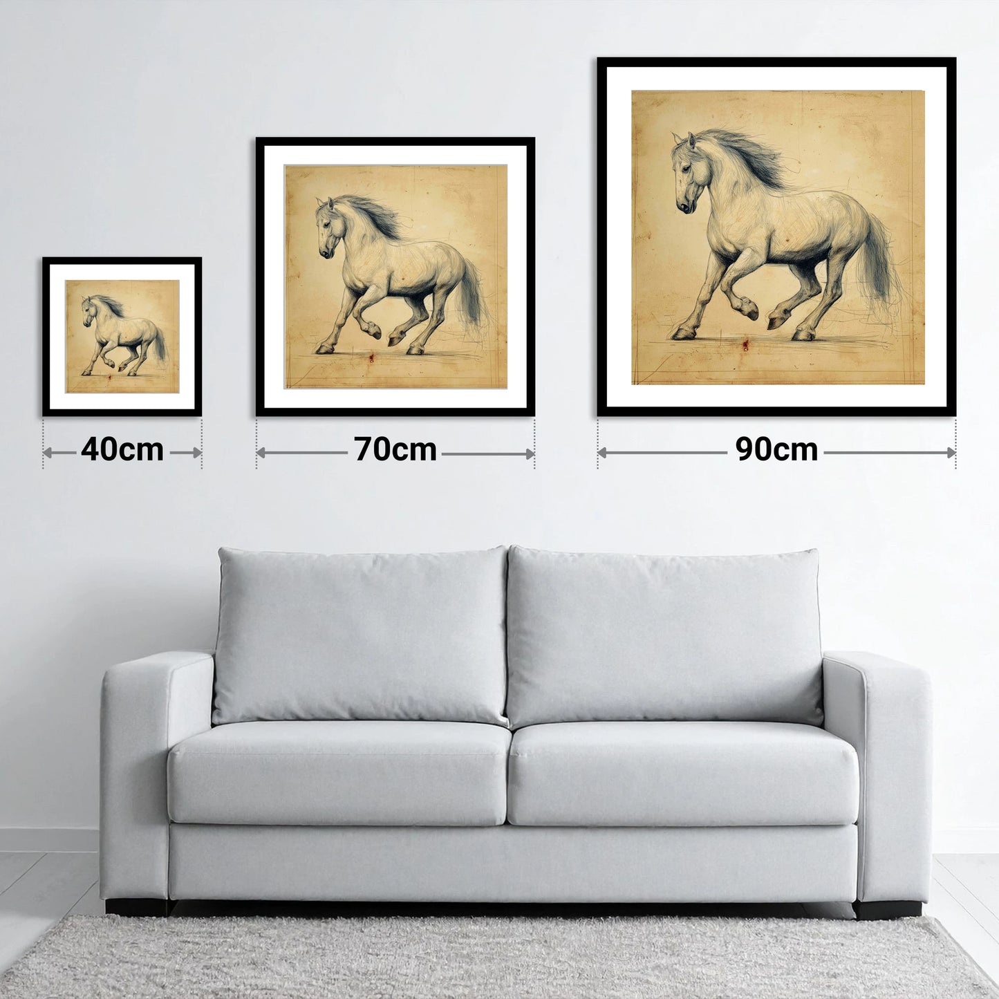 Classical Motion Study - size guide showing 40cm, 70cm and 90cm art prints