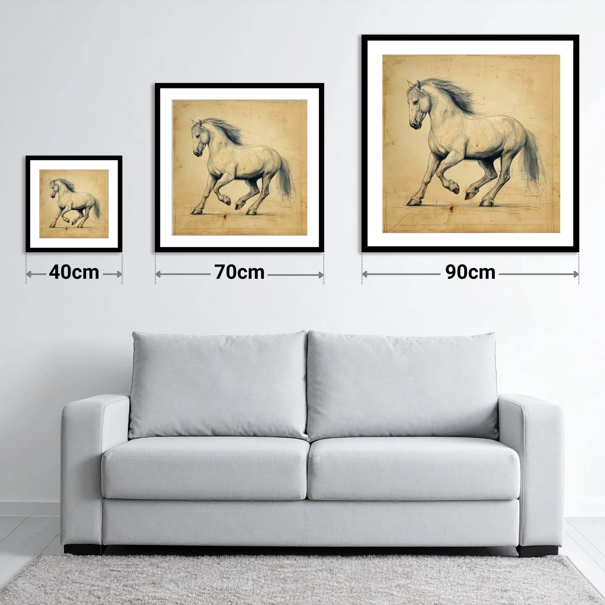 Classical Motion Study - size guide showing 40cm, 70cm and 90cm art prints
