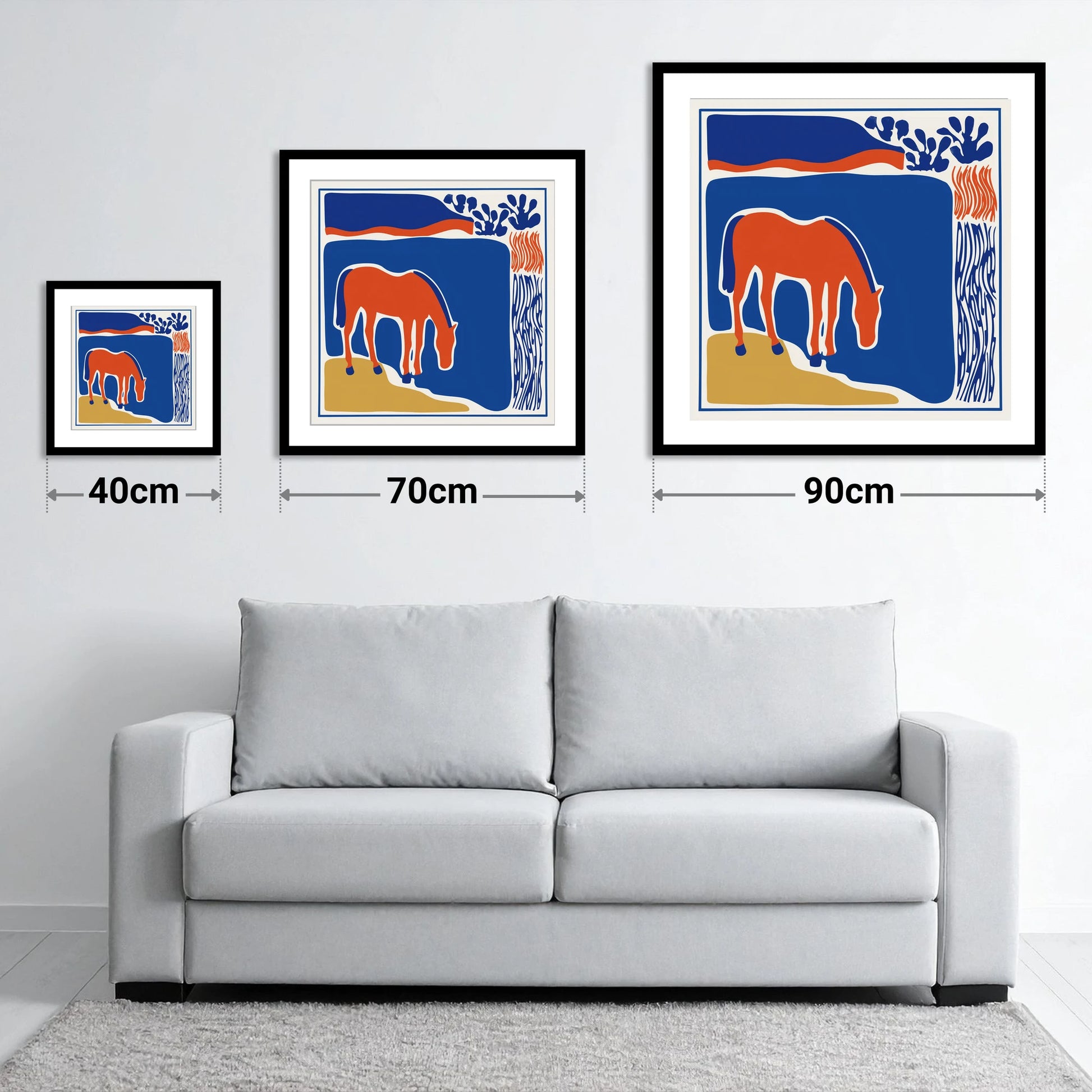 Abstract Azure Grazer - size guide showing 40cm, 70cm and 90cm art prints