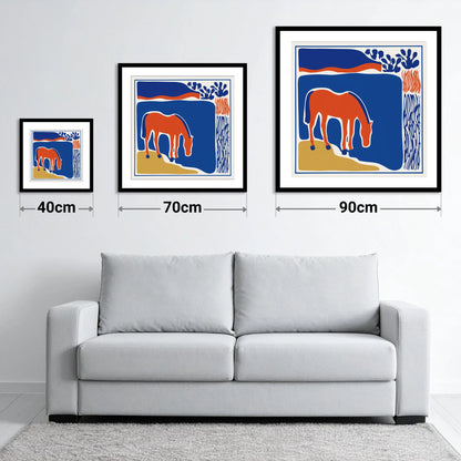 Abstract Azure Grazer - size guide showing 40cm, 70cm and 90cm art prints
