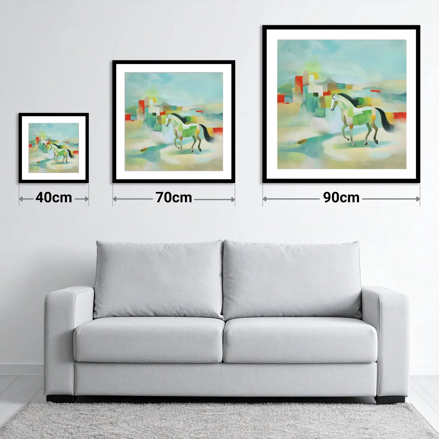 Structured Stride - size guide showing 40cm, 70cm and 90cm art prints