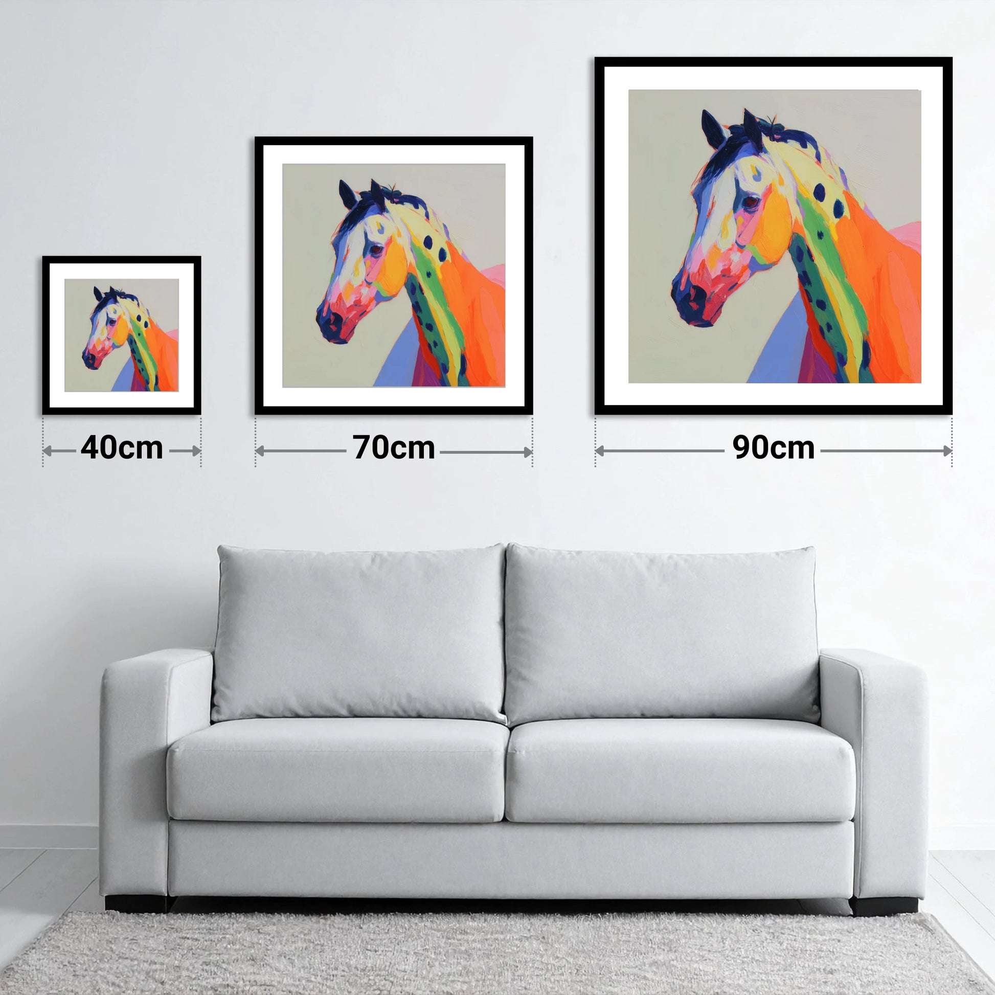 Vibrant Appaloosa Spirit - size guide showing 40cm, 70cm and 90cm art prints