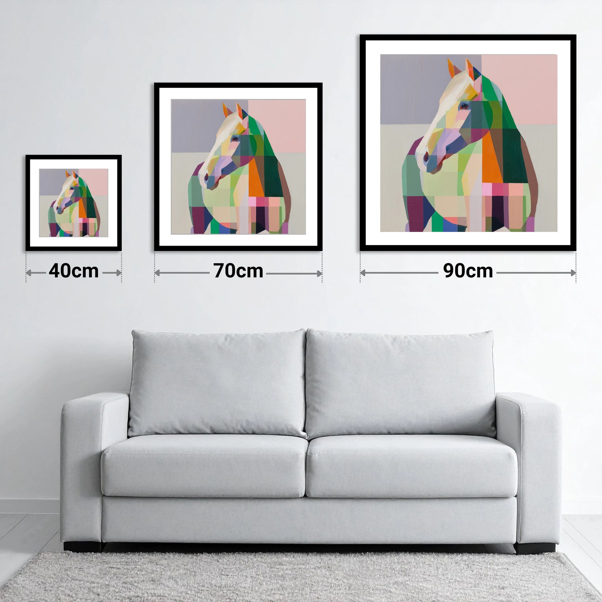 Prismatic Equine Profile - size guide showing 40cm, 70cm and 90cm art prints