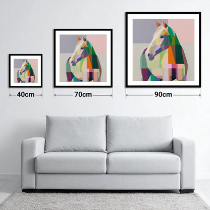 Prismatic Equine Profile - size guide showing 40cm, 70cm and 90cm art prints