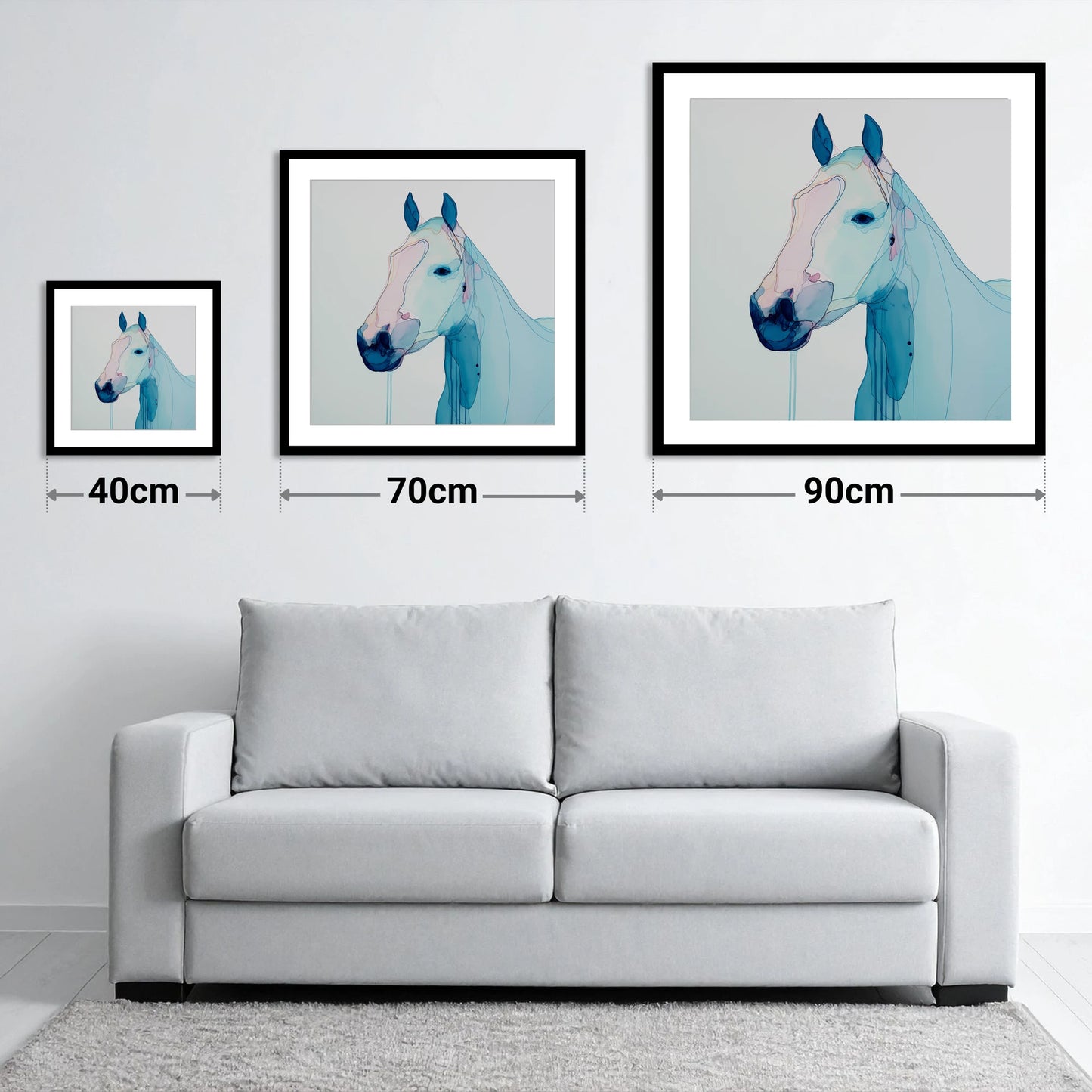 Ethereal Blue Portrait - size guide showing 40cm, 70cm and 90cm art prints