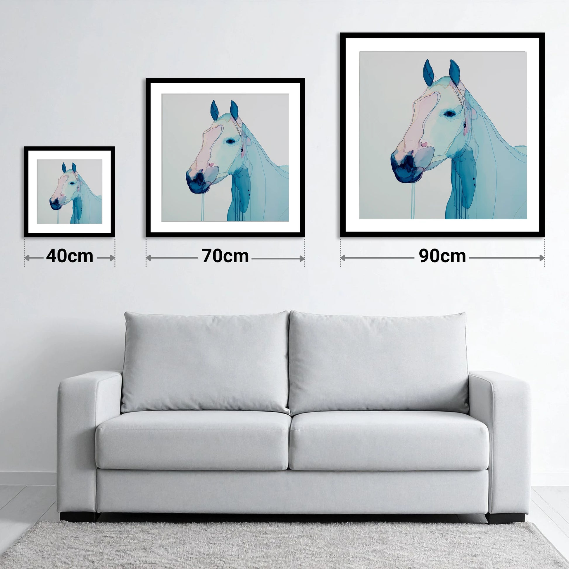 Ethereal Blue Portrait - size guide showing 40cm, 70cm and 90cm art prints