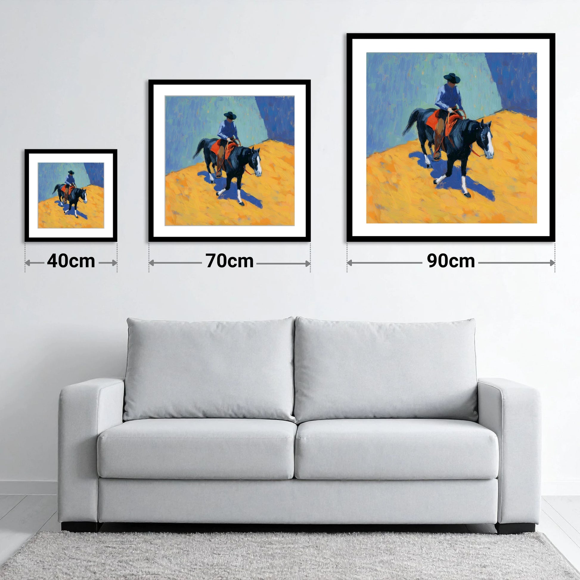 High Noon Arena - size guide showing 40cm, 70cm and 90cm art prints
