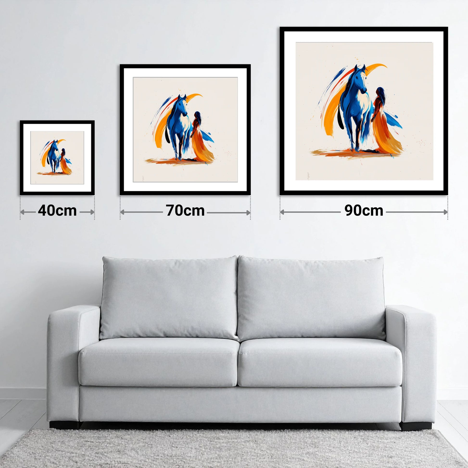 Azure and Amber Bond - size guide showing 40cm, 70cm and 90cm art prints