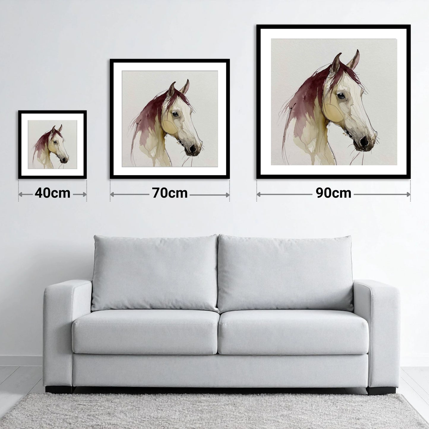 Elegant Plum Wash Portrait - size guide showing 40cm, 70cm and 90cm art prints