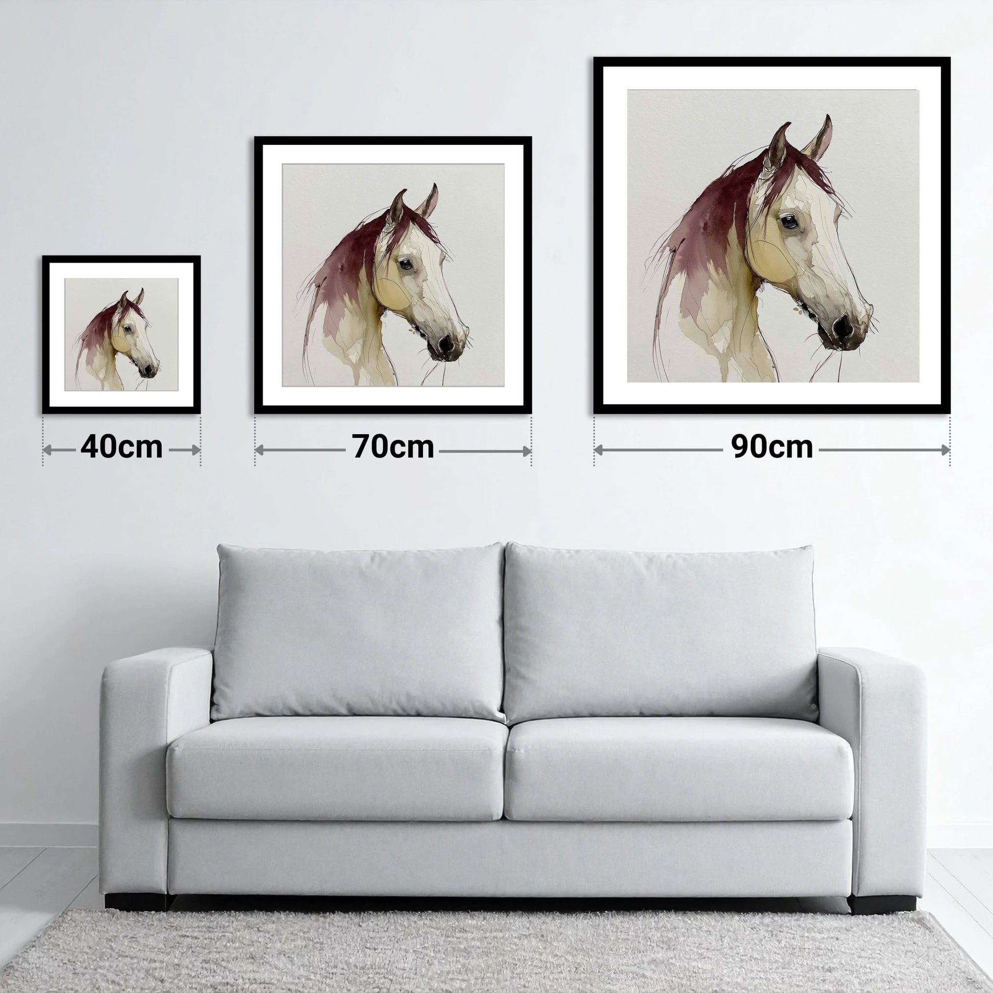 Elegant Plum Wash Portrait - size guide showing 40cm, 70cm and 90cm art prints