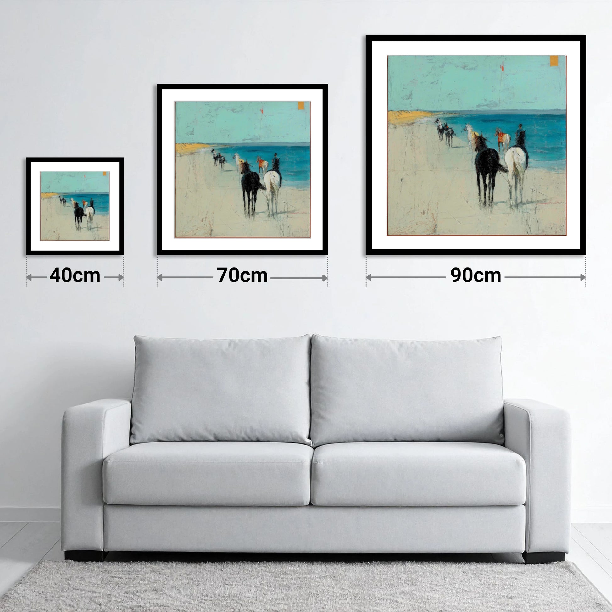 Turquoise Shore Hack - size guide showing 40cm, 70cm and 90cm art prints