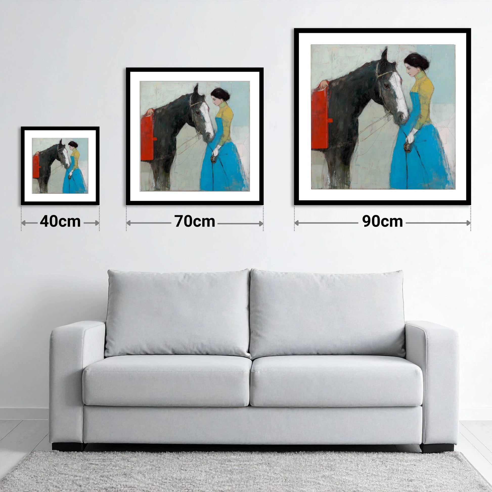 Quiet Connection - size guide showing 40cm, 70cm and 90cm art prints