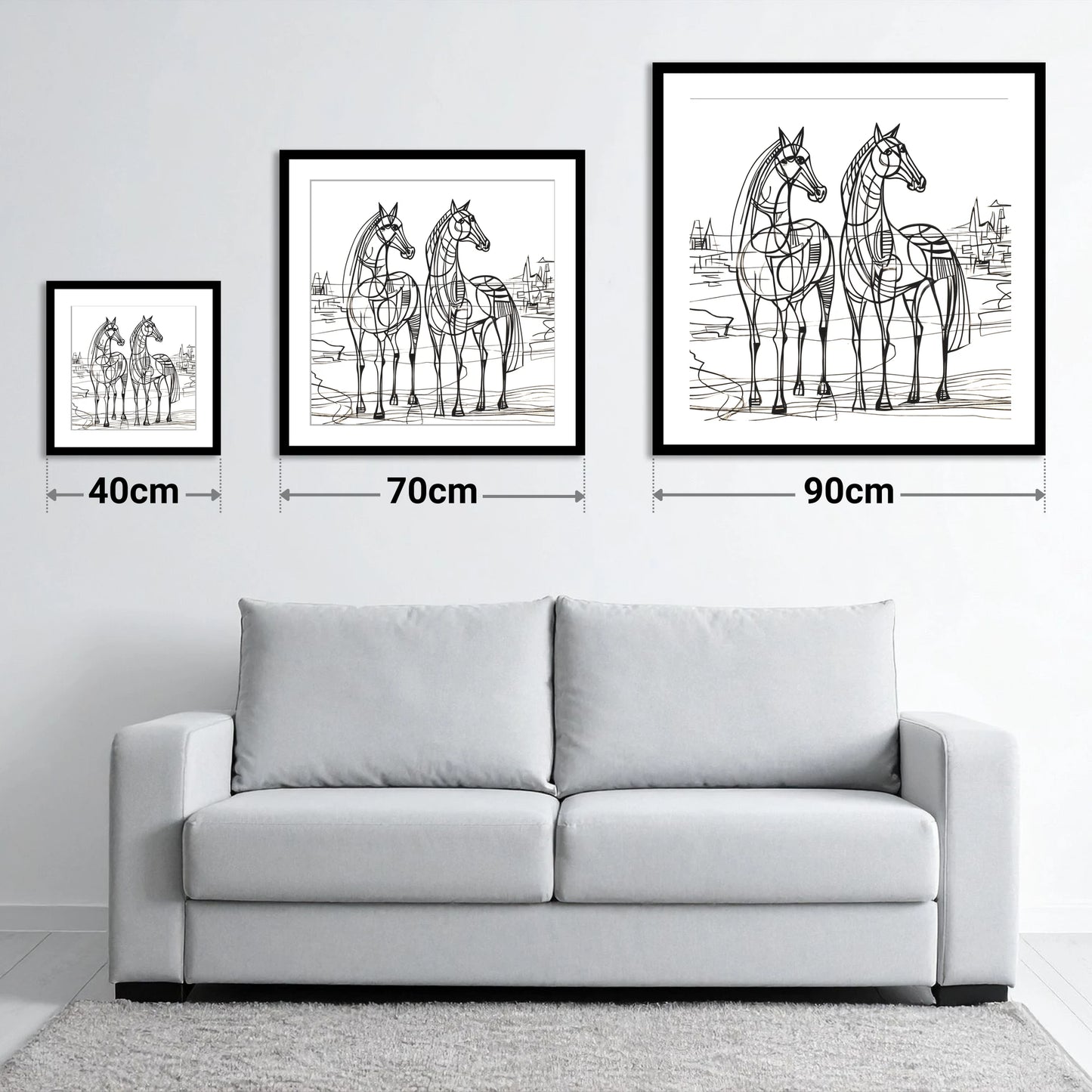Architectural Equine Duo - size guide showing 40cm, 70cm and 90cm art prints