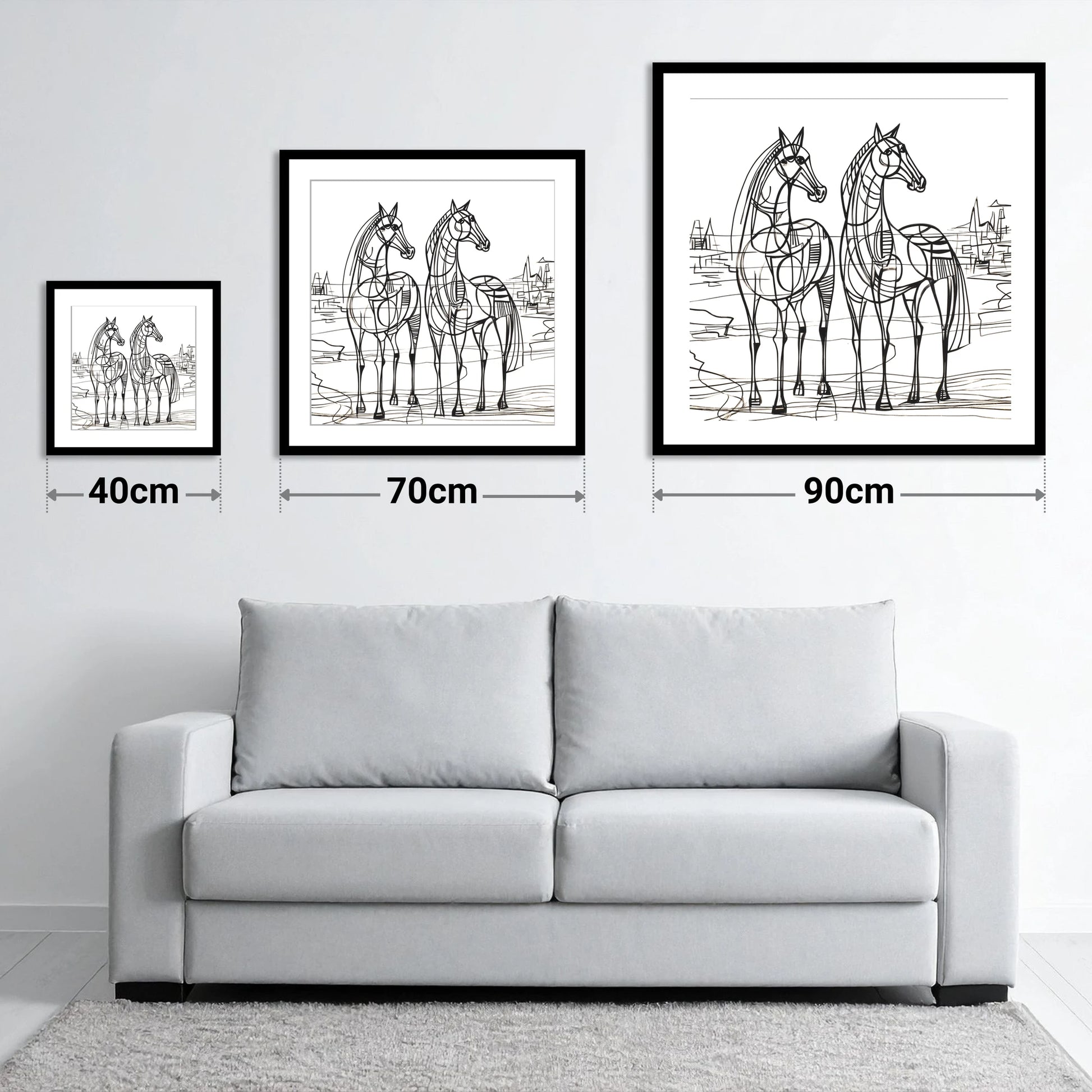 Architectural Equine Duo - size guide showing 40cm, 70cm and 90cm art prints