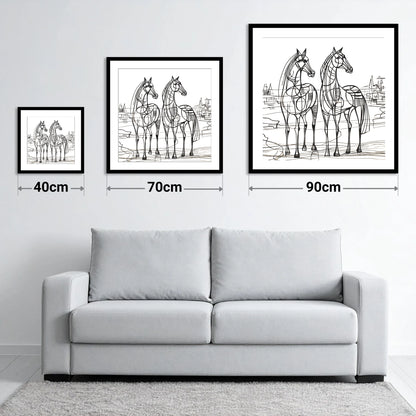 Architectural Equine Duo - size guide showing 40cm, 70cm and 90cm art prints