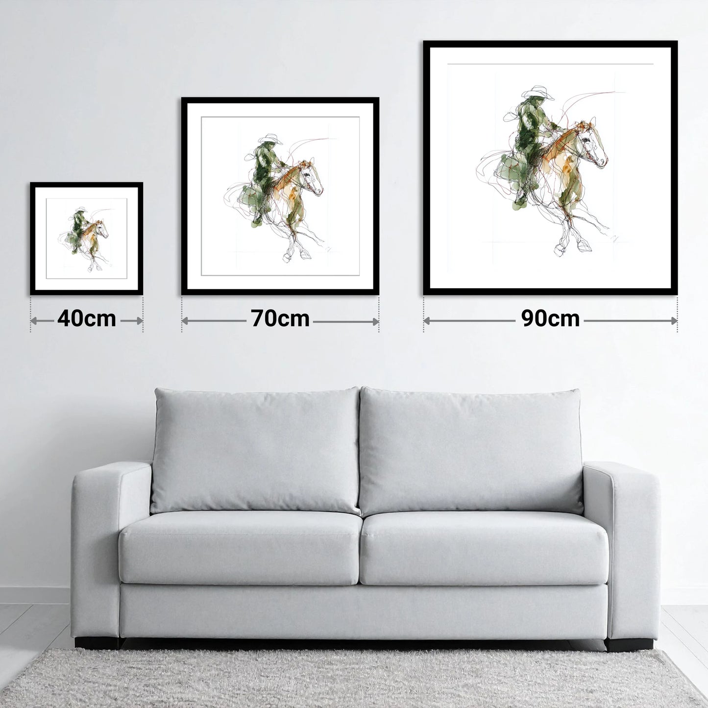 Expressive Western Rider - size guide showing 40cm, 70cm and 90cm art prints