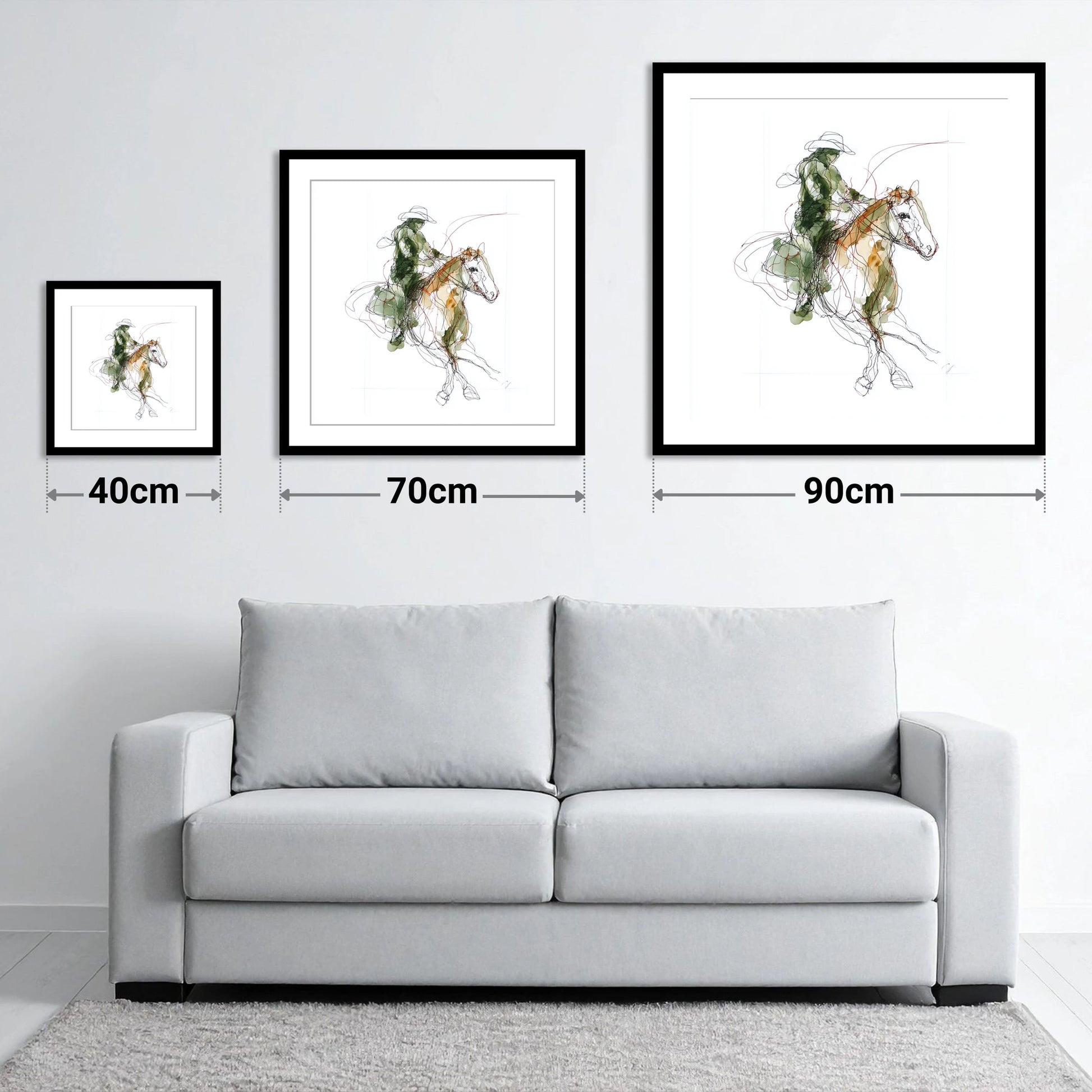 Expressive Western Rider - size guide showing 40cm, 70cm and 90cm art prints