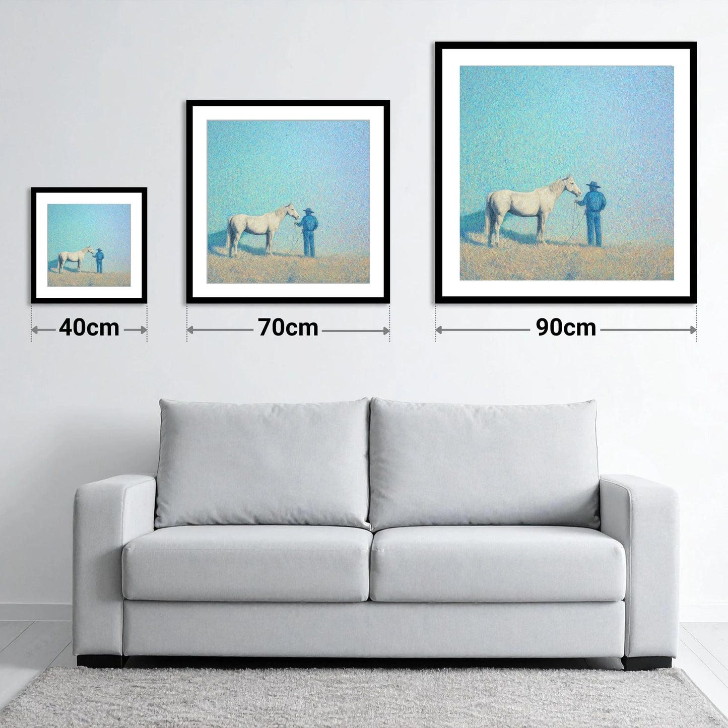 The Quiet Plains - size guide showing 40cm, 70cm and 90cm art prints