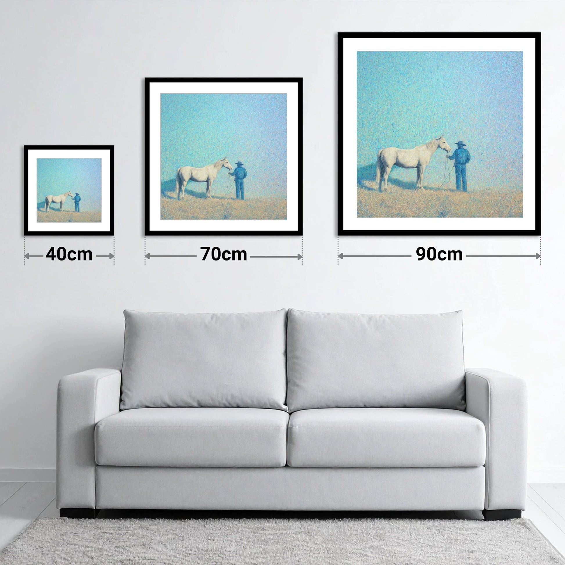 The Quiet Plains - size guide showing 40cm, 70cm and 90cm art prints