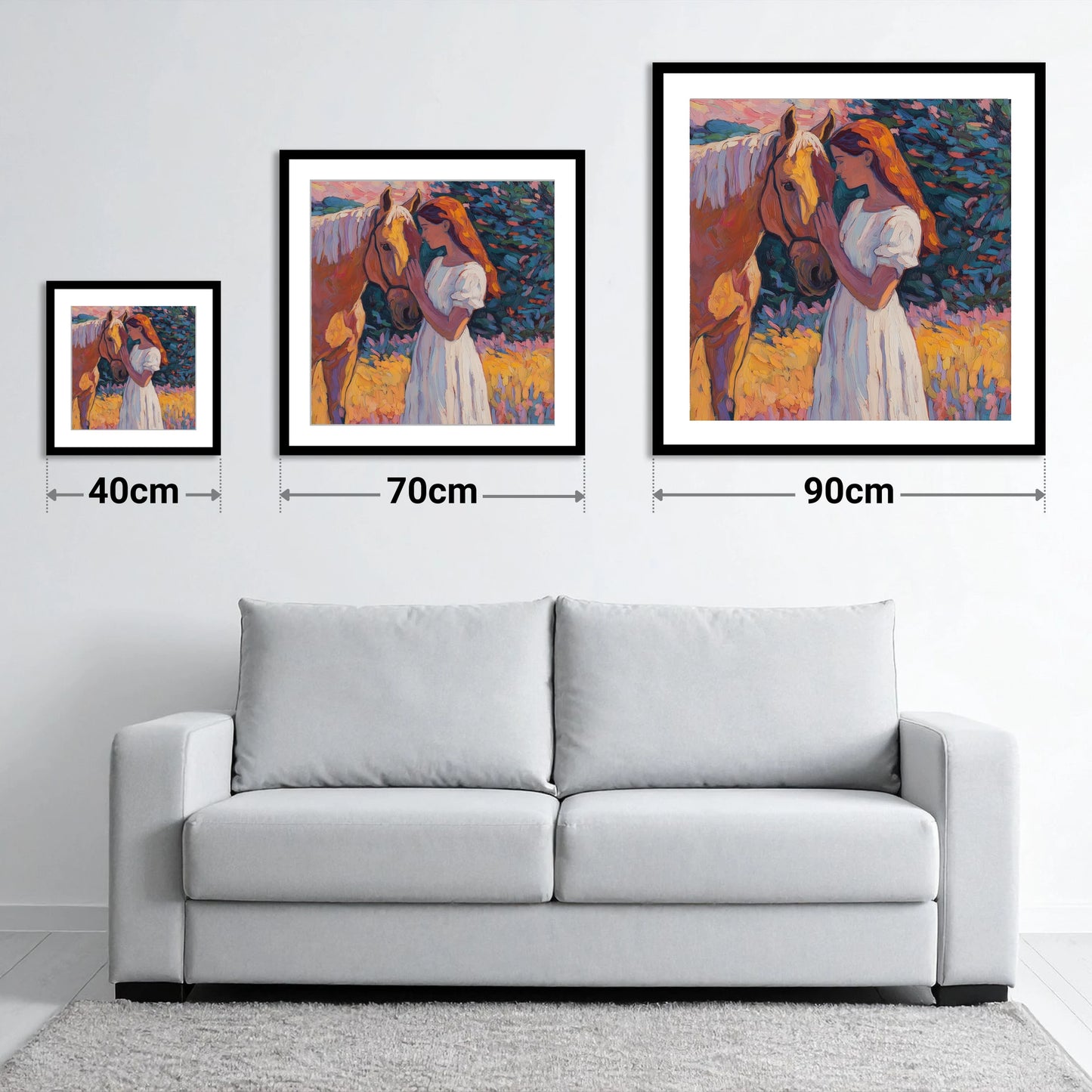 A Quiet Connection - size guide showing 40cm, 70cm and 90cm art prints