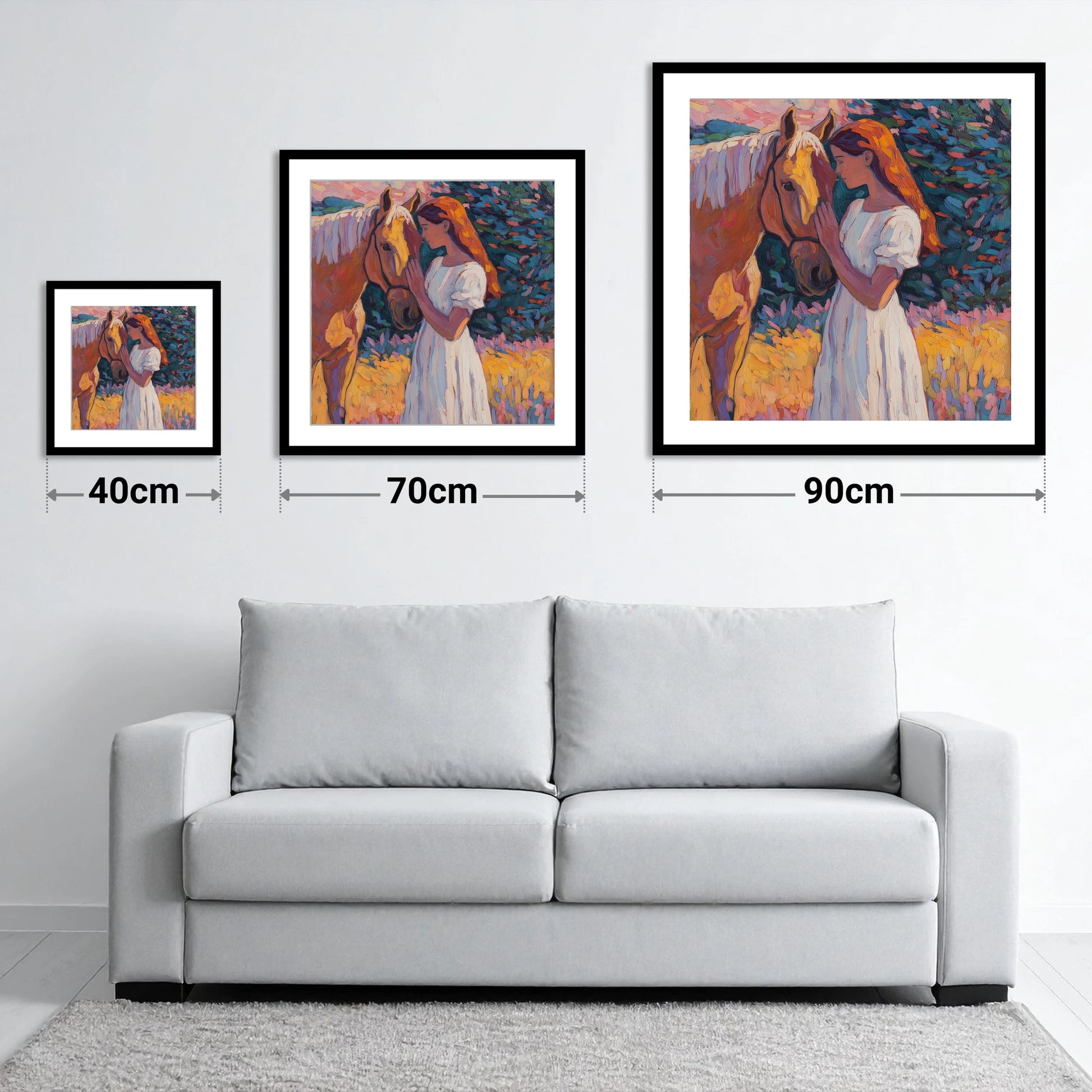 A Quiet Connection - size guide showing 40cm, 70cm and 90cm art prints