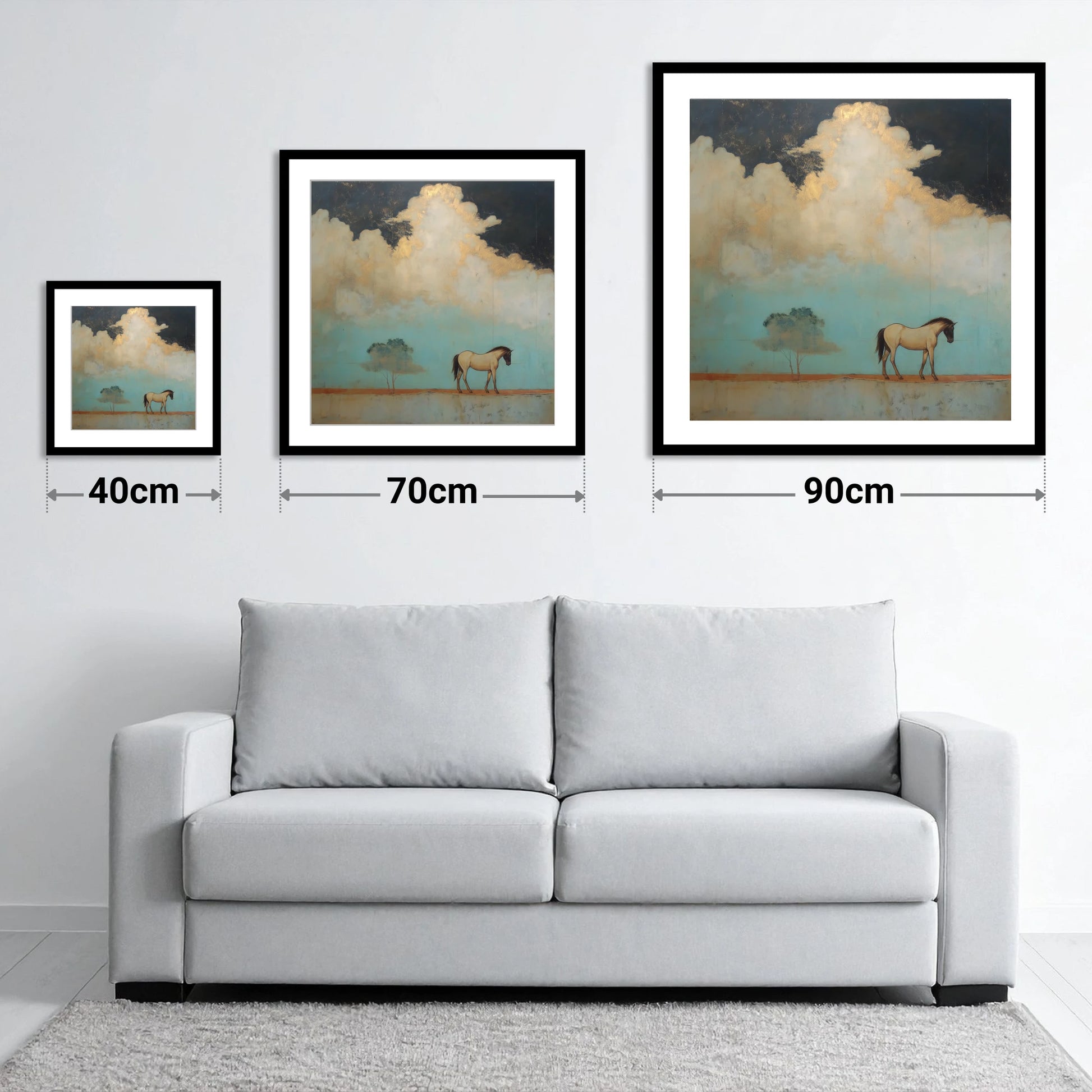 Beneath the Gilded Cloud - size guide showing 40cm, 70cm and 90cm art prints