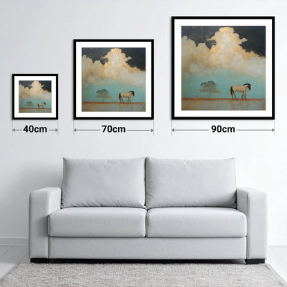 Beneath the Gilded Cloud - size guide showing 40cm, 70cm and 90cm art prints