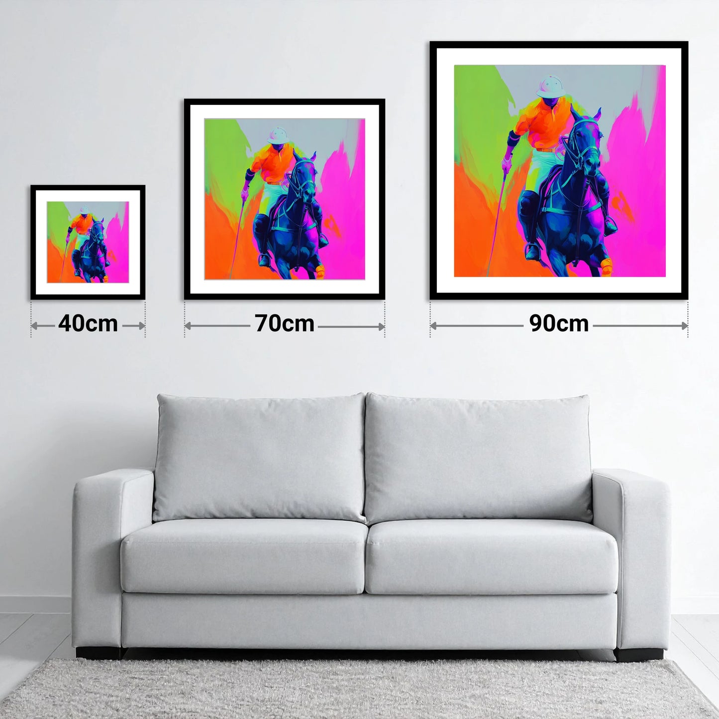 Neon Chukka - size guide showing 40cm, 70cm and 90cm art prints