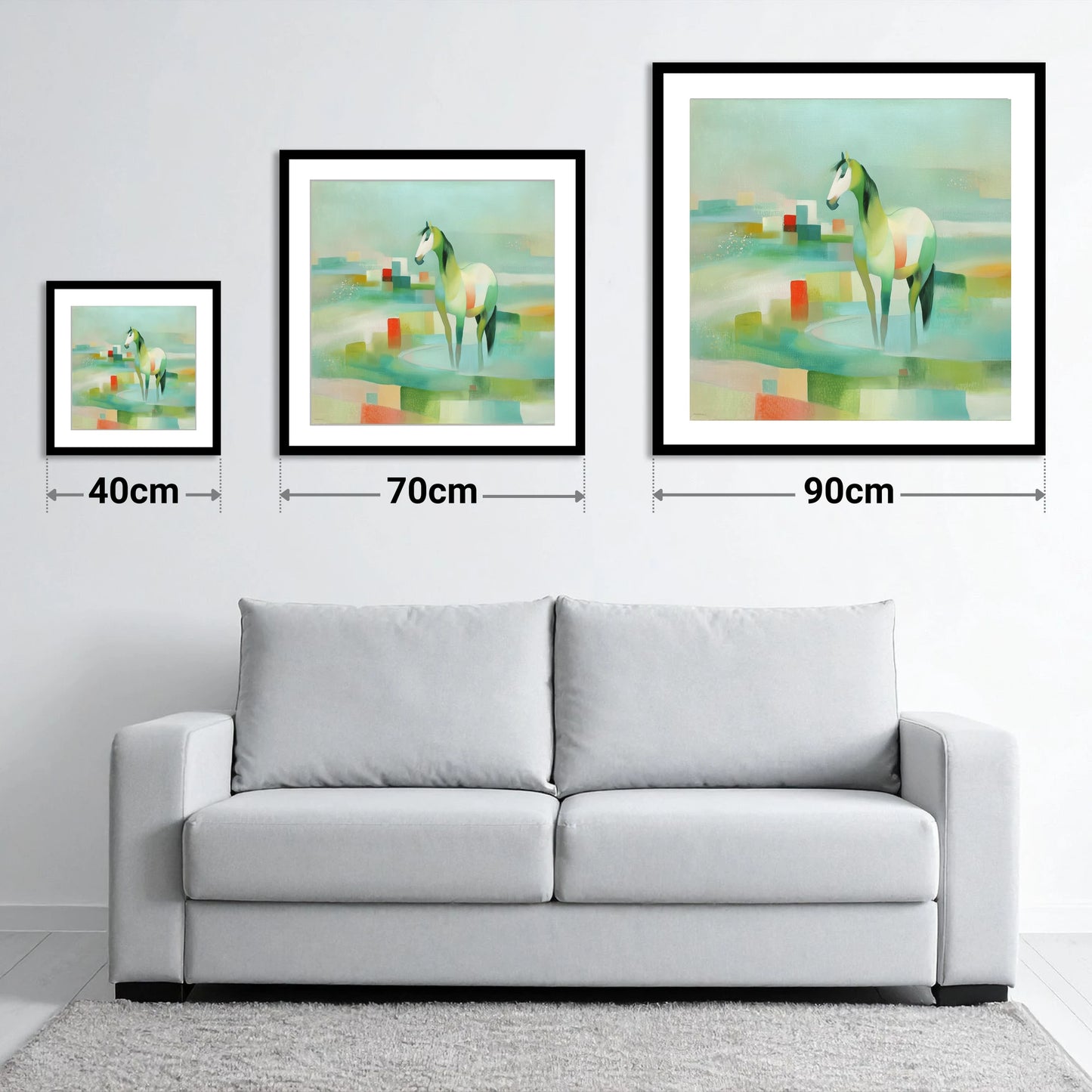 Geometric Coastal Equine - size guide showing 40cm, 70cm and 90cm art prints