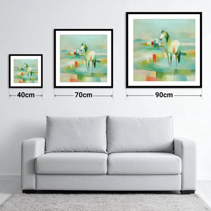 Geometric Coastal Equine - size guide showing 40cm, 70cm and 90cm art prints
