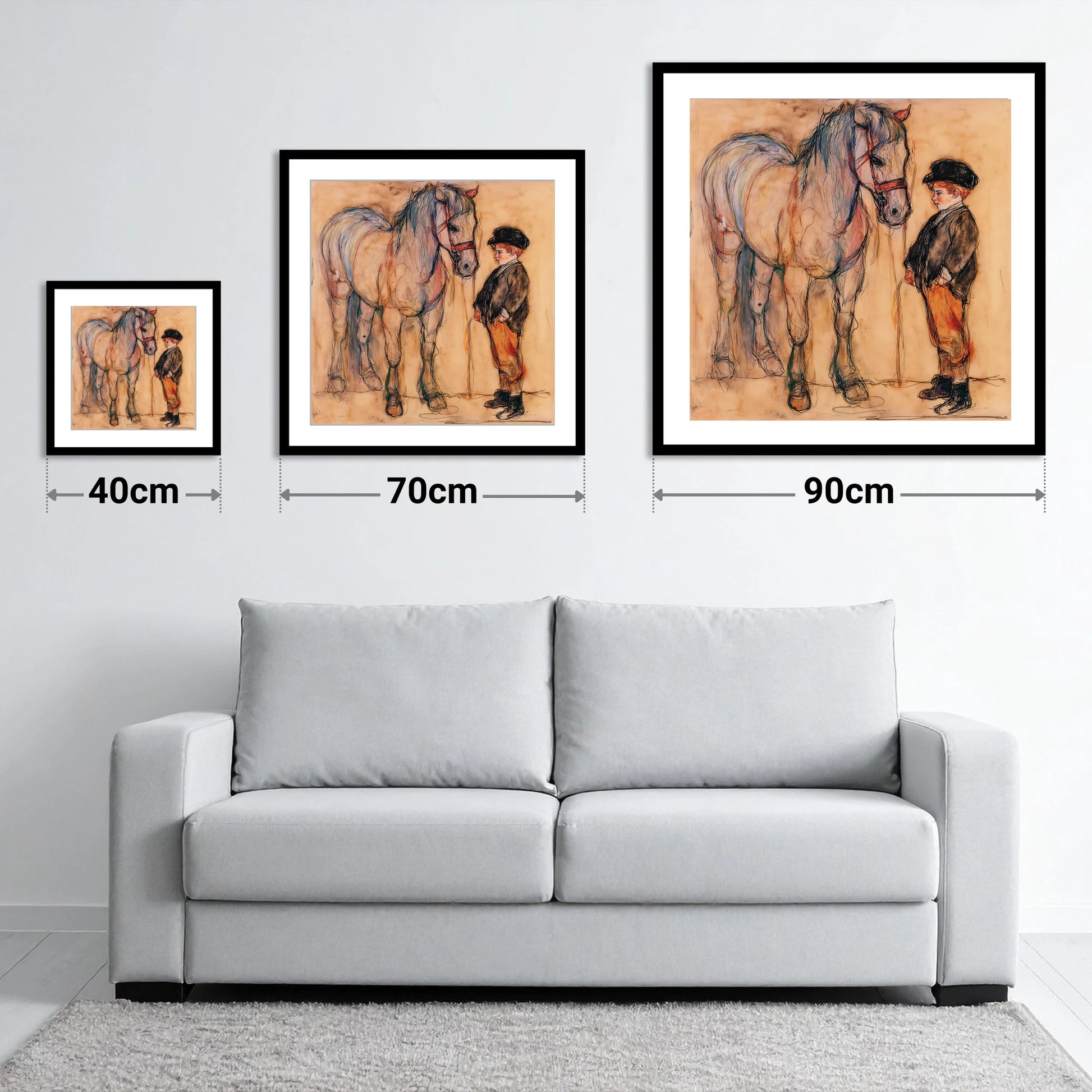 A Quiet Understanding - size guide showing 40cm, 70cm and 90cm art prints