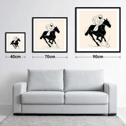 Silhouetted Gallop - size guide showing 40cm, 70cm and 90cm art prints