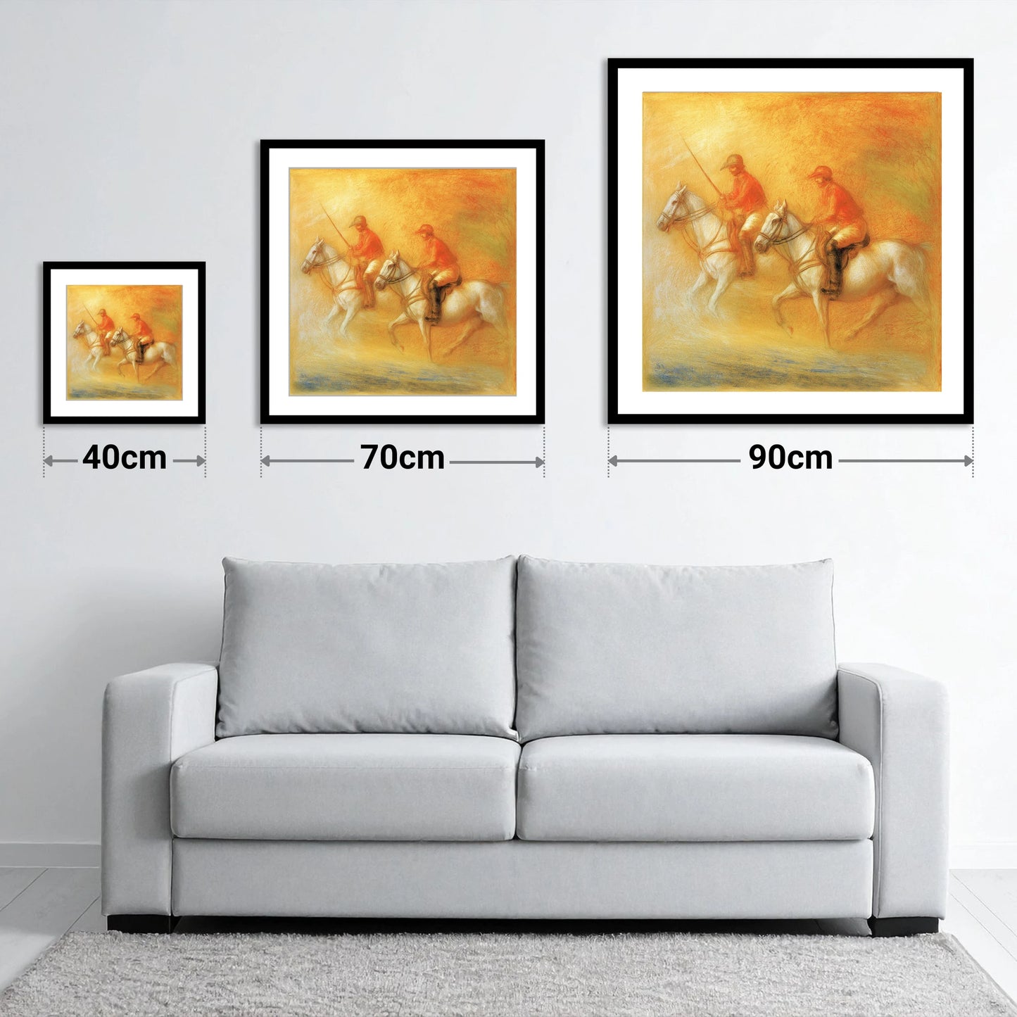 Golden Hour Polo - size guide showing 40cm, 70cm and 90cm art prints