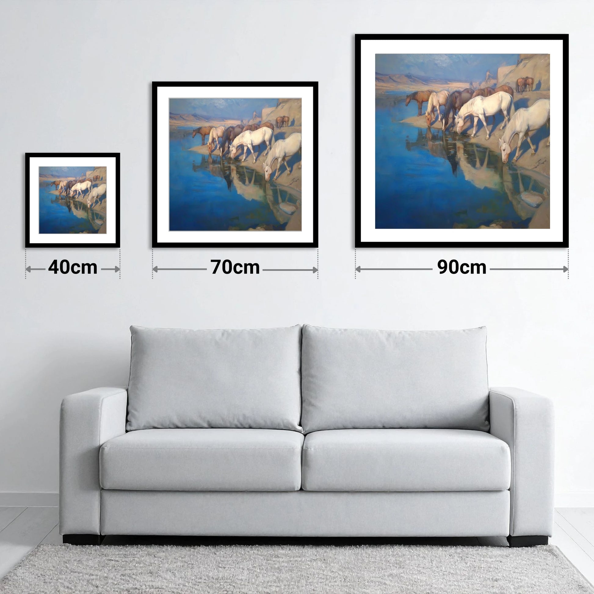 Oasis Reflections - size guide showing 40cm, 70cm and 90cm art prints