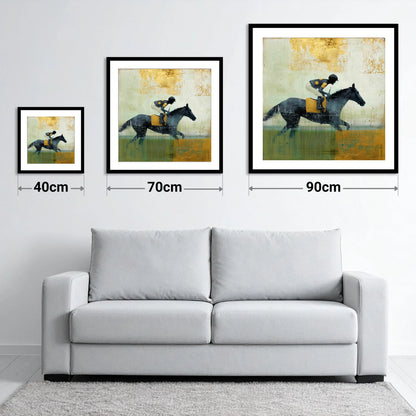 The Golden Furlong - size guide showing 40cm, 70cm and 90cm art prints