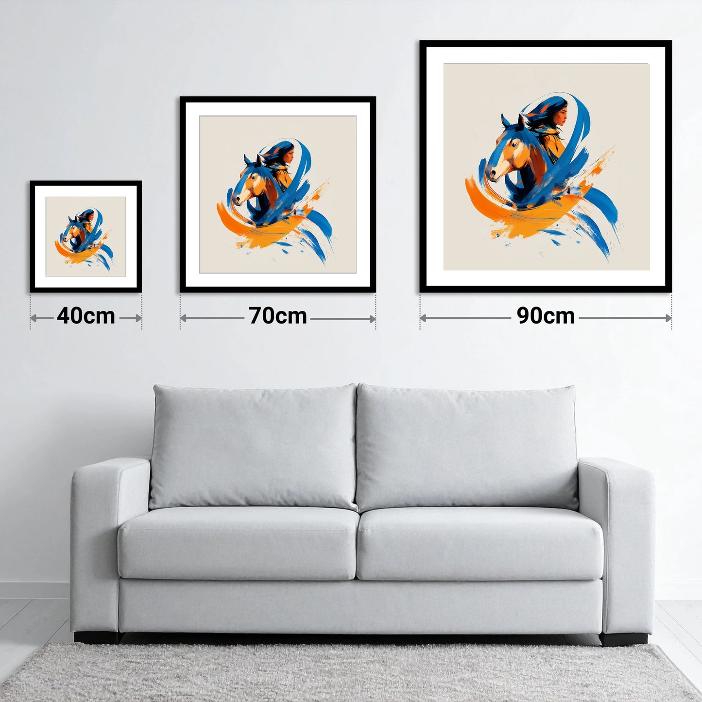 Spirits Entwined - size guide showing 40cm, 70cm and 90cm art prints