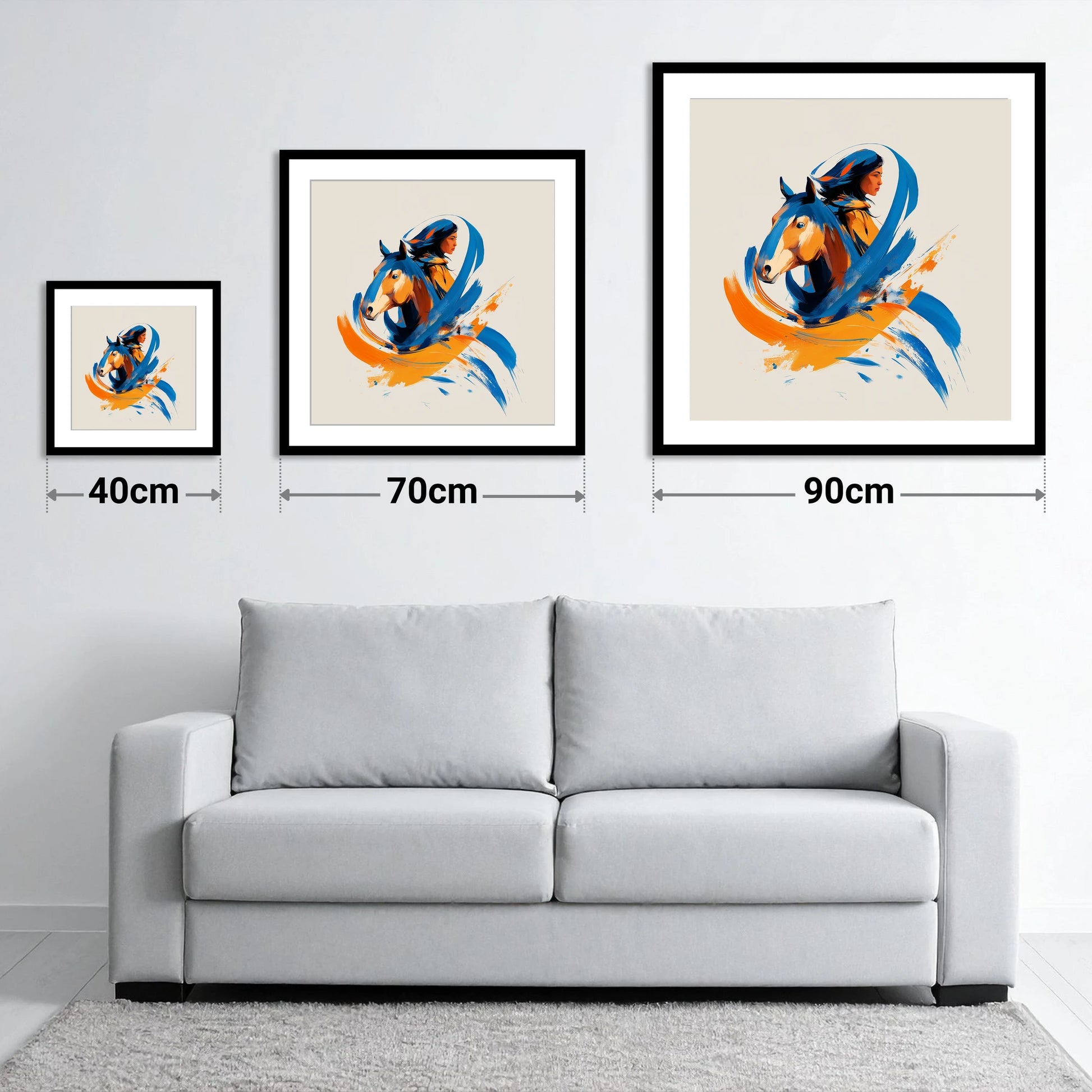 Spirits Entwined - size guide showing 40cm, 70cm and 90cm art prints