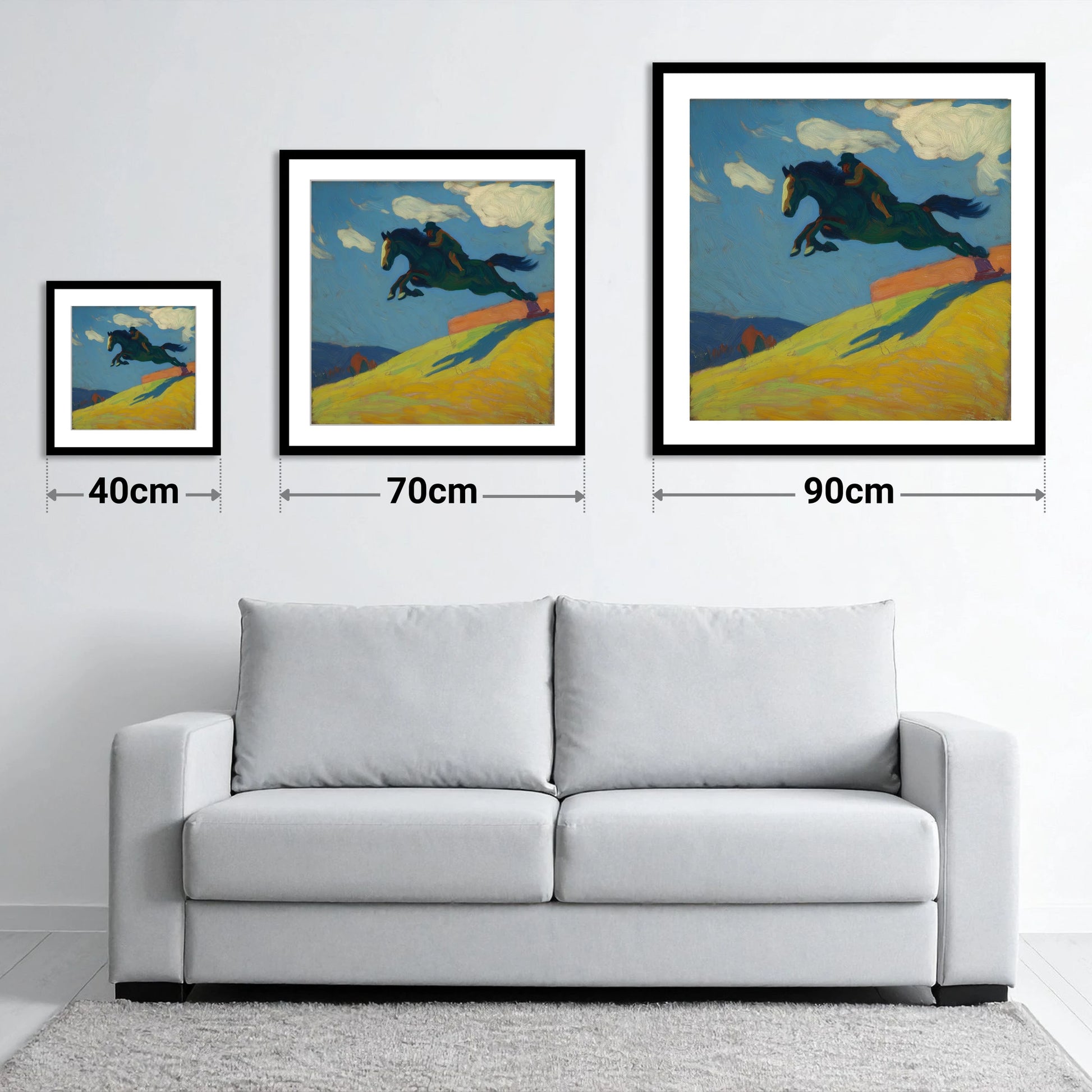 Airborne Splendour - size guide showing 40cm, 70cm and 90cm art prints