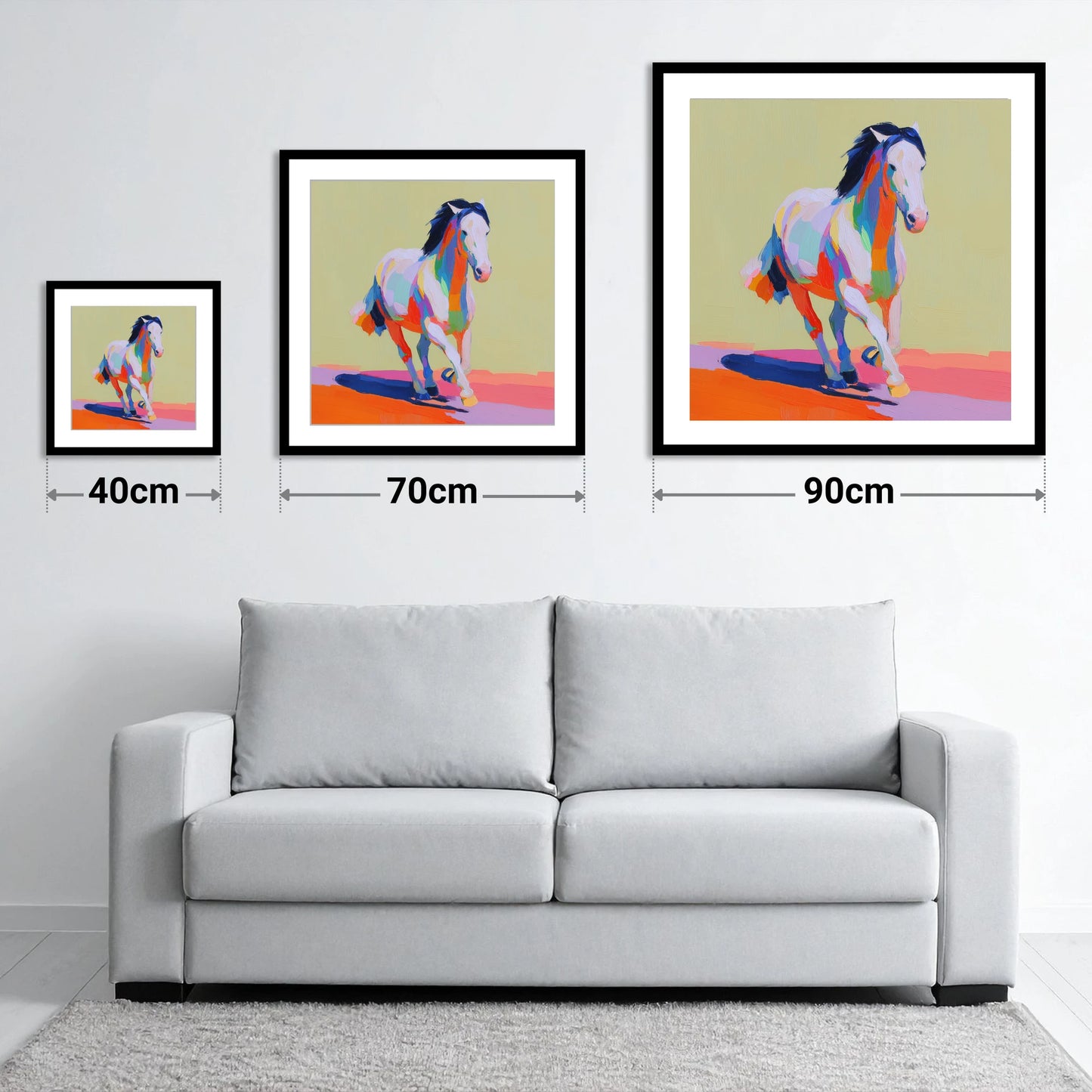 Technicolour Canter - size guide showing 40cm, 70cm and 90cm art prints