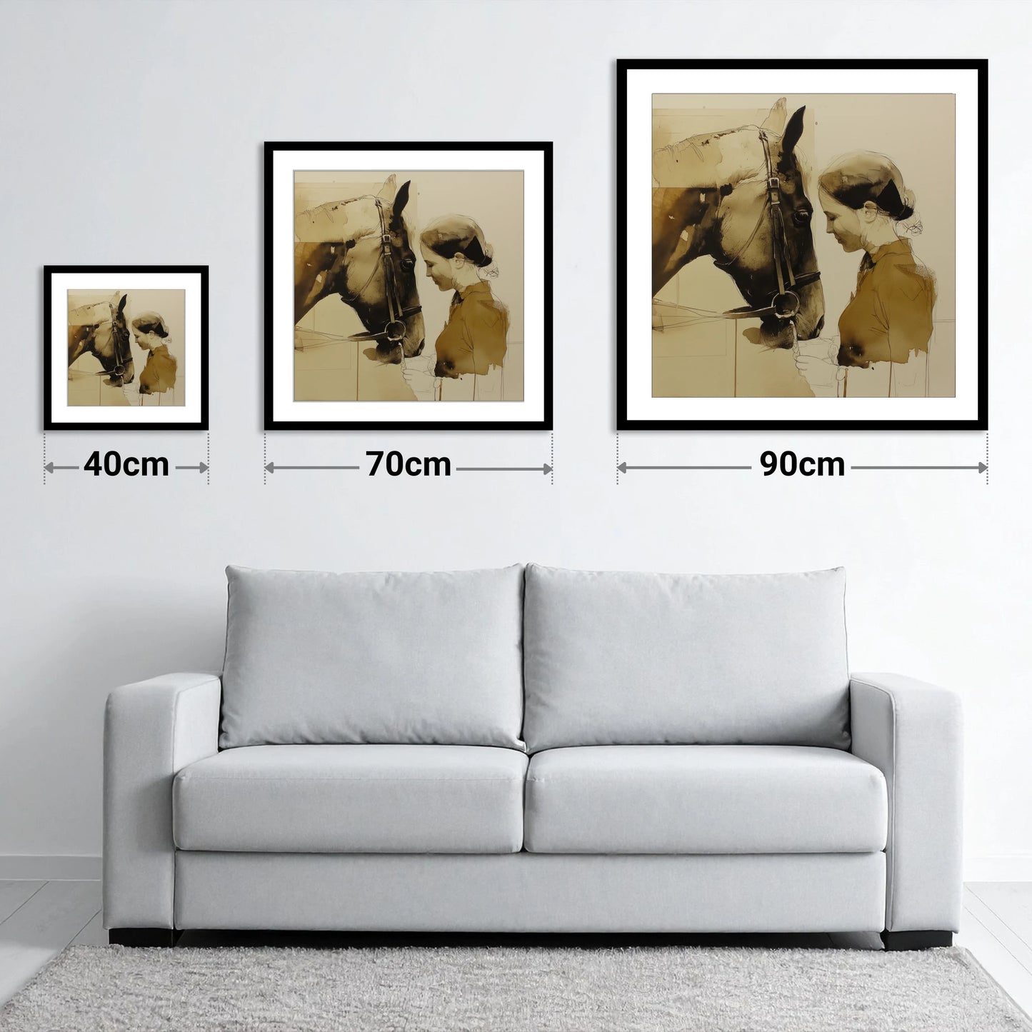 Unspoken Connection - size guide showing 40cm, 70cm and 90cm art prints