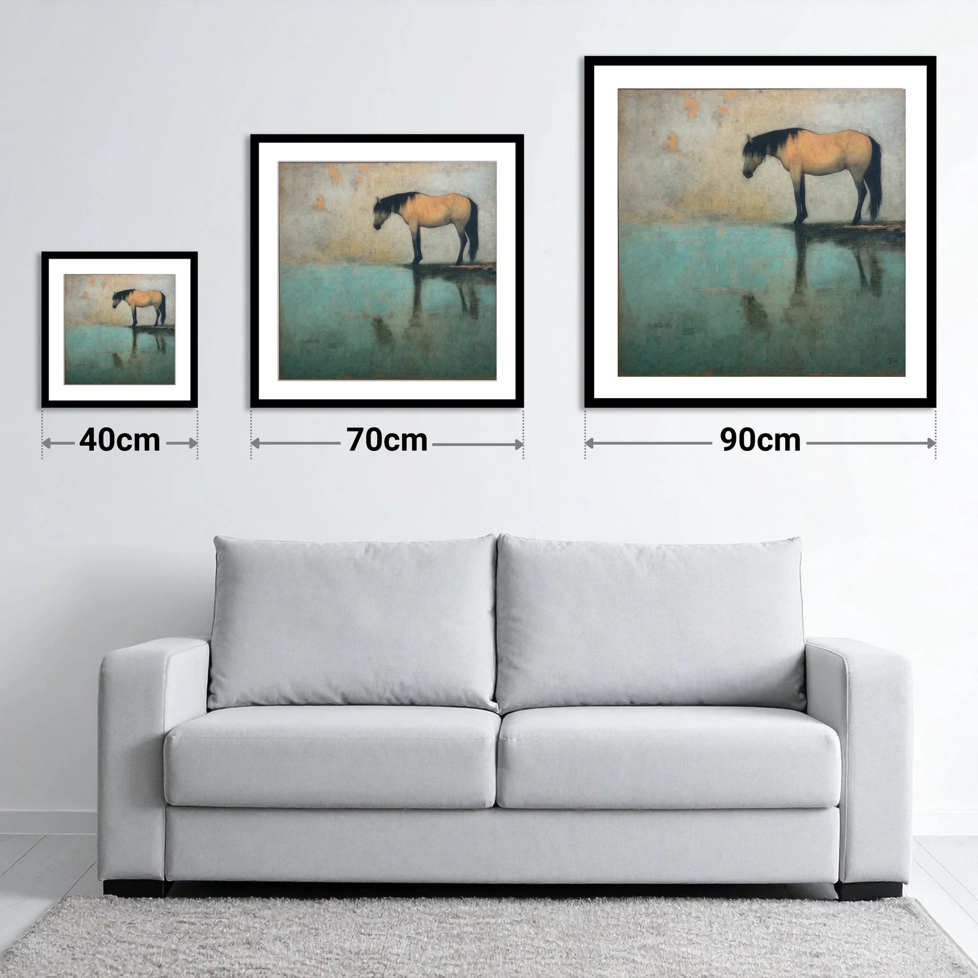 Tranquil Waters Reflection - size guide showing 40cm, 70cm and 90cm art prints