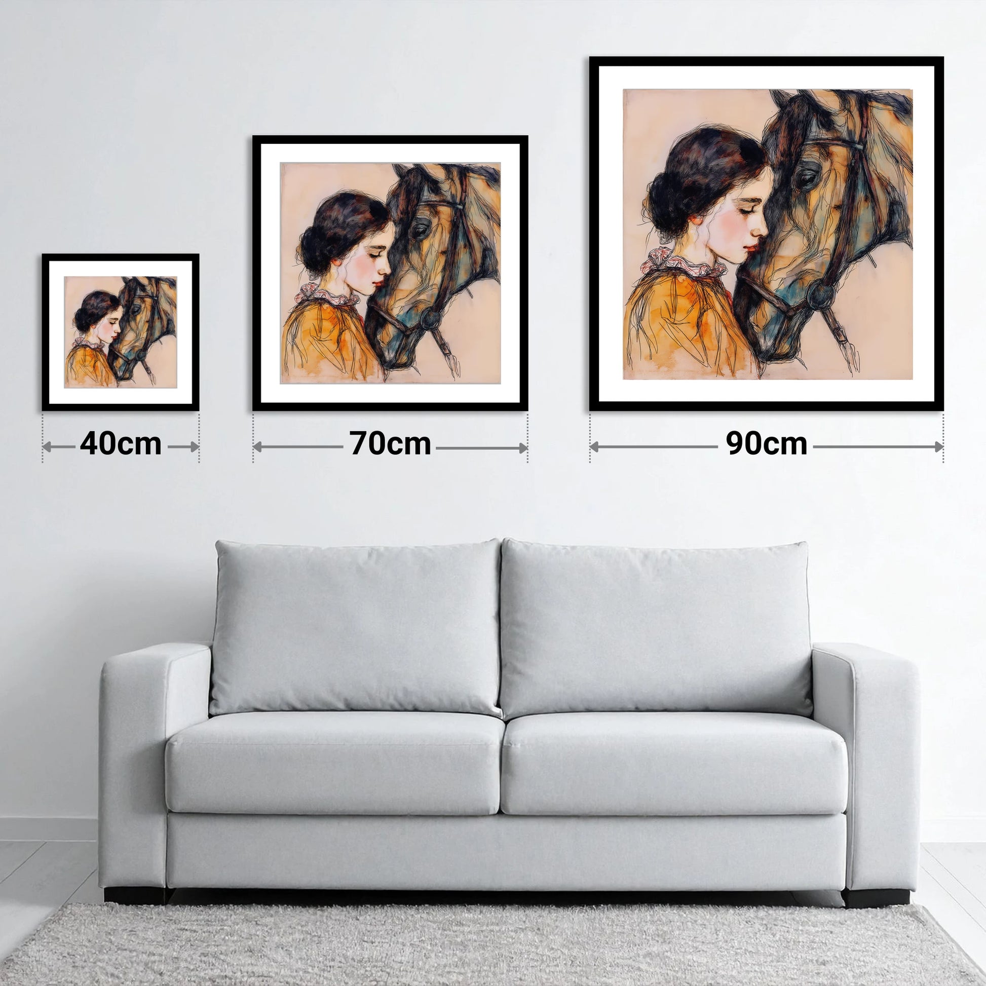 The Unspoken Bond - size guide showing 40cm, 70cm and 90cm art prints