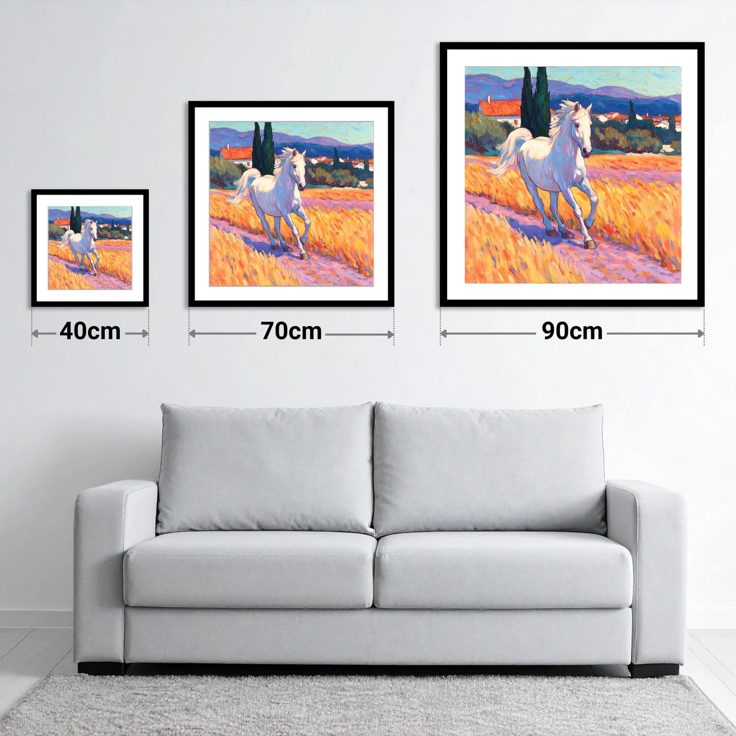 Sunlit Provincial Grey - size guide showing 40cm, 70cm and 90cm art prints