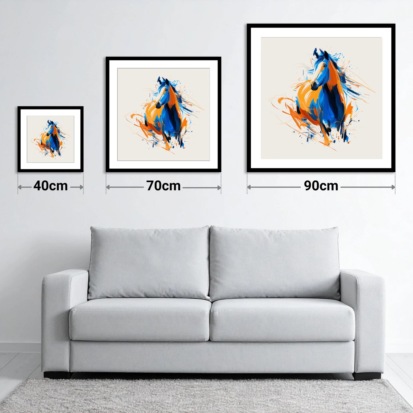 Cobalt and Amber Spirit - size guide showing 40cm, 70cm and 90cm art prints