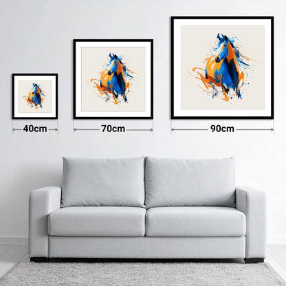 Cobalt and Amber Spirit - size guide showing 40cm, 70cm and 90cm art prints