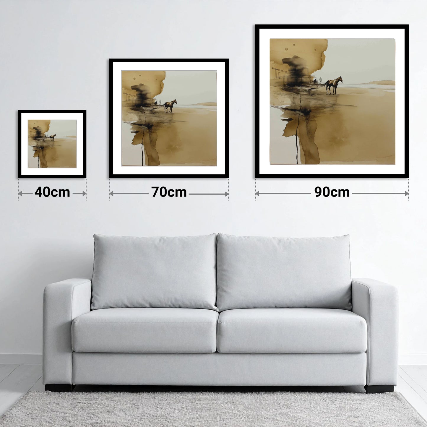 Sepia Solitude - size guide showing 40cm, 70cm and 90cm art prints