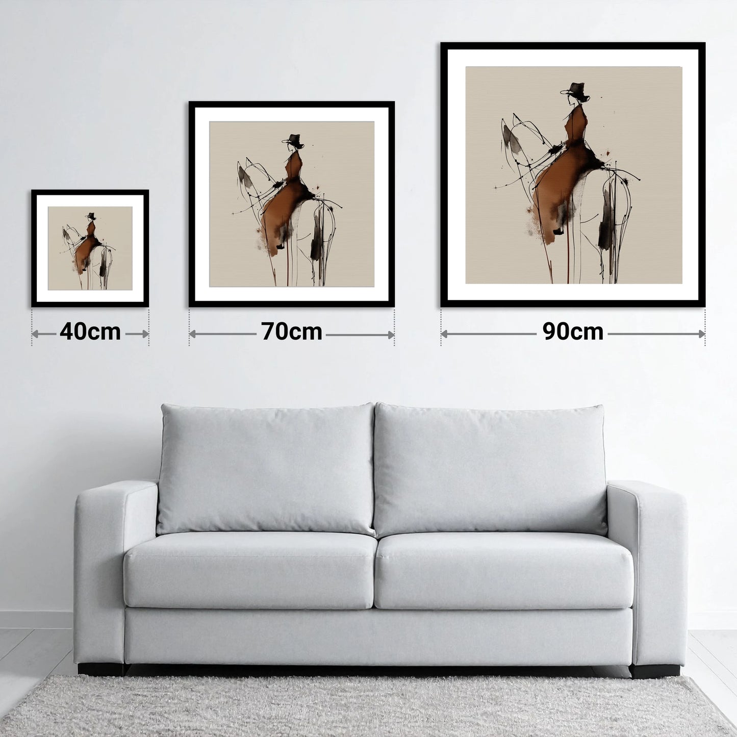 Sepia Equestrian Silhouette - size guide showing 40cm, 70cm and 90cm art prints