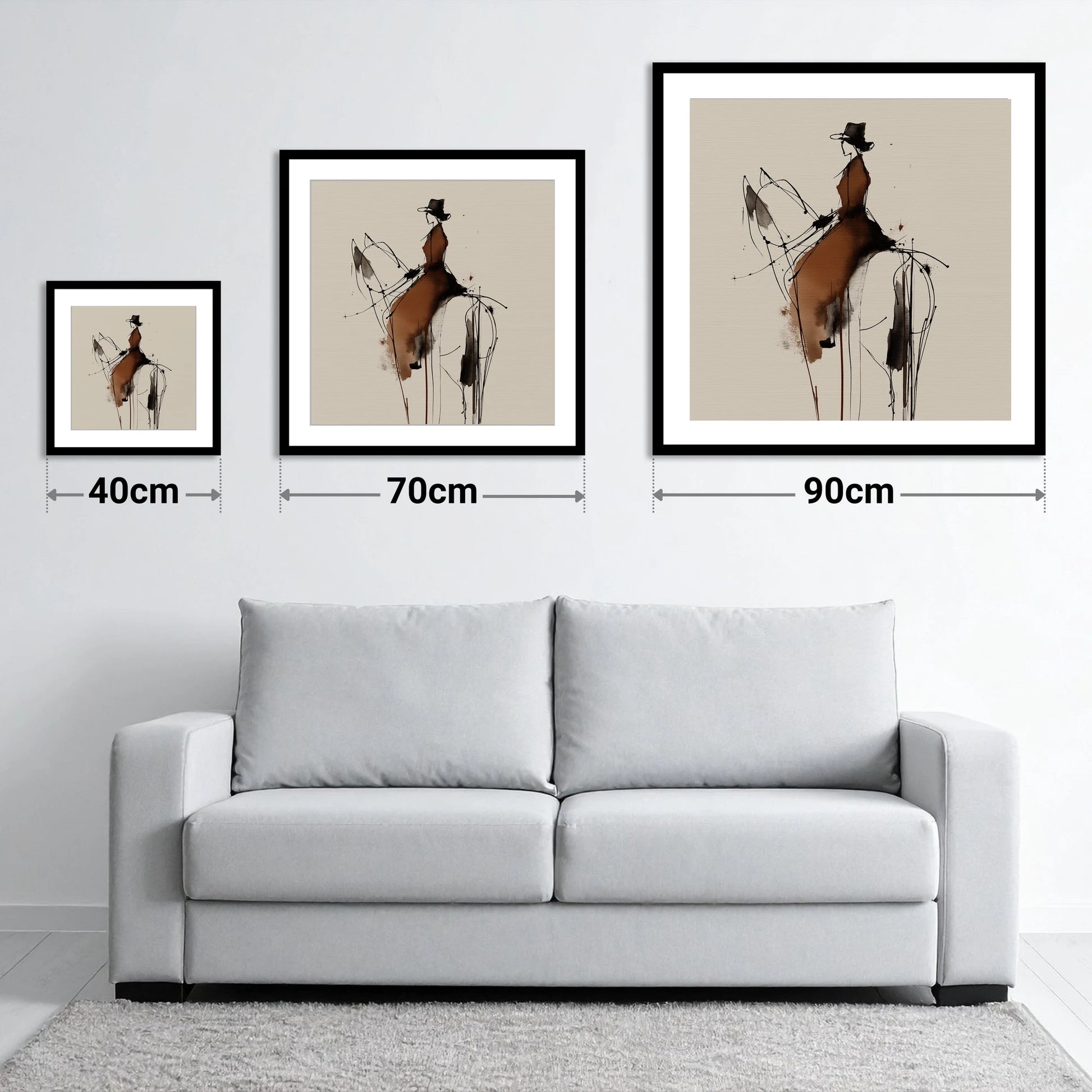 Sepia Equestrian Silhouette - size guide showing 40cm, 70cm and 90cm art prints