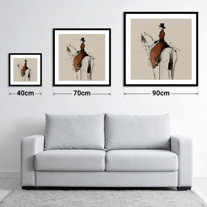 Sepia Equestrian Silhouette - size guide showing 40cm, 70cm and 90cm art prints