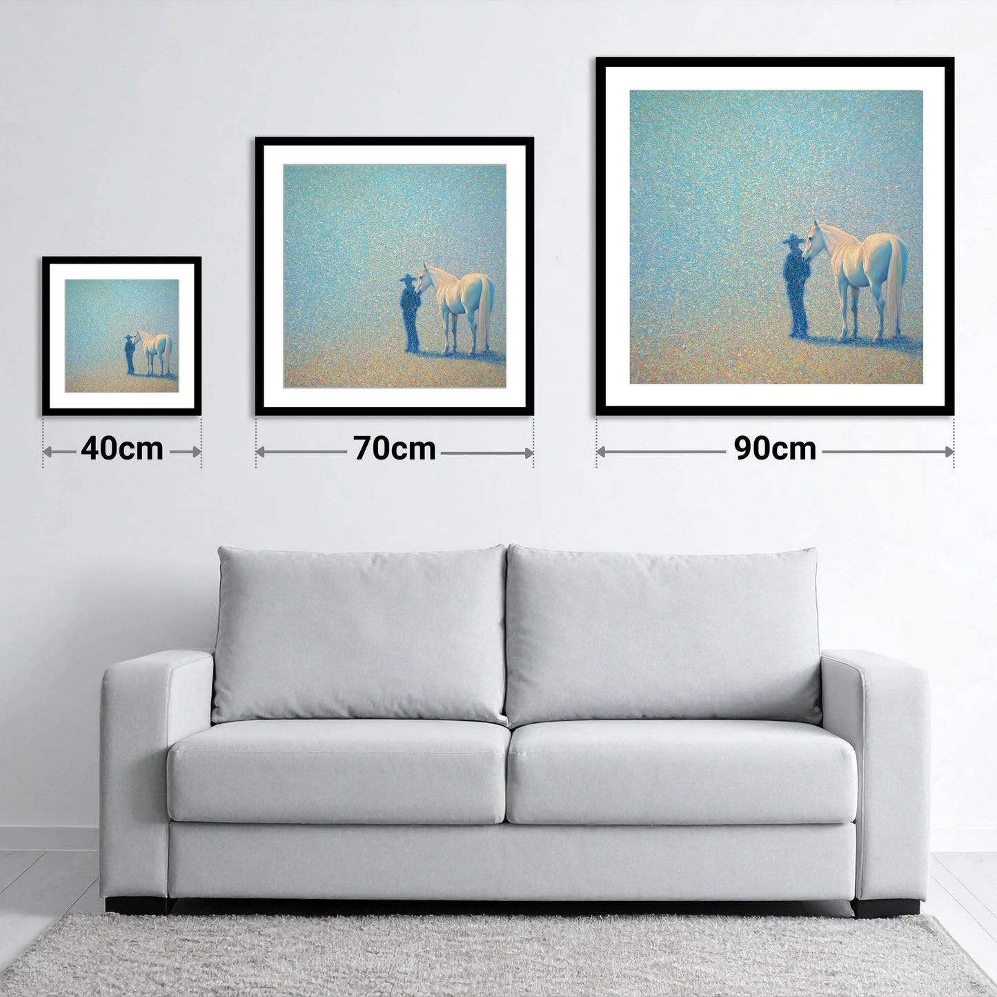 Echoes of the High Plains - size guide showing 40cm, 70cm and 90cm art prints